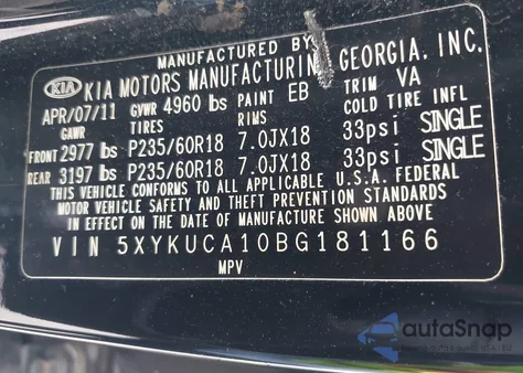 2011 Kia Sorento Ex из США, поврежденный, VIN 5XYKUCA10BG181166